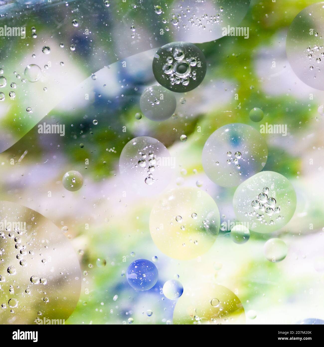 Texture of oil and water mixing over a blurred background to form circles and bubbles Stock Photo