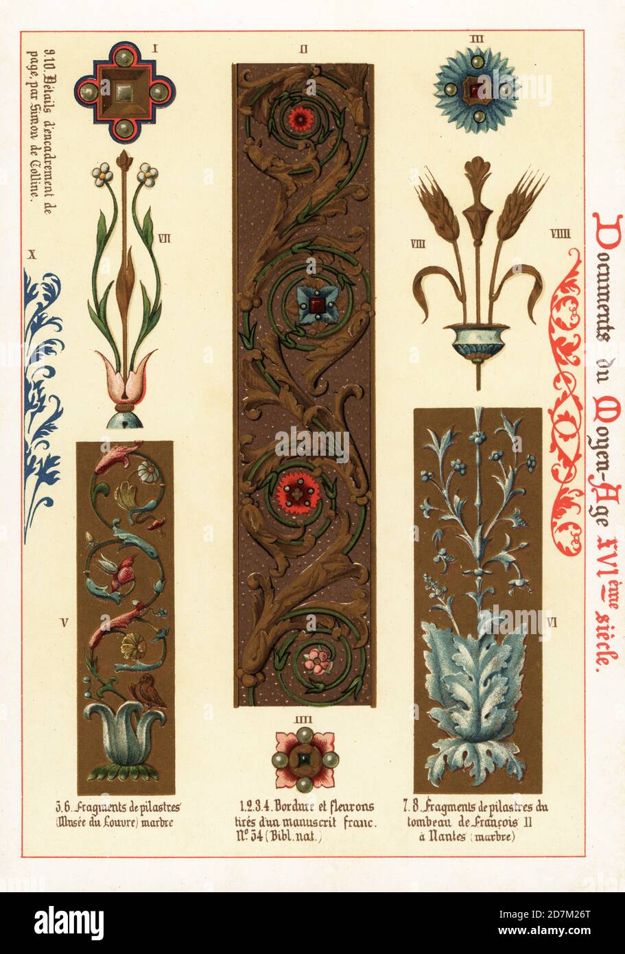 Design elements from manuscripts and painted marble the 16th century. 1-4 Border and fleurons from manuscript, 5-8 fragments of marble pilaster. Taken from manuscript Franc. 54, Bib. Nat, the Louvre Museum and the tomb of Francis II, Duke of Brittany, at Nantes. Chromolithograph designed and lithographed by Ernst Guillot from Elements d'Ornementation du XVIe Siecle, Elements of Ornament of the 16th century, Renouard, Paris, 1890. Stock Photo