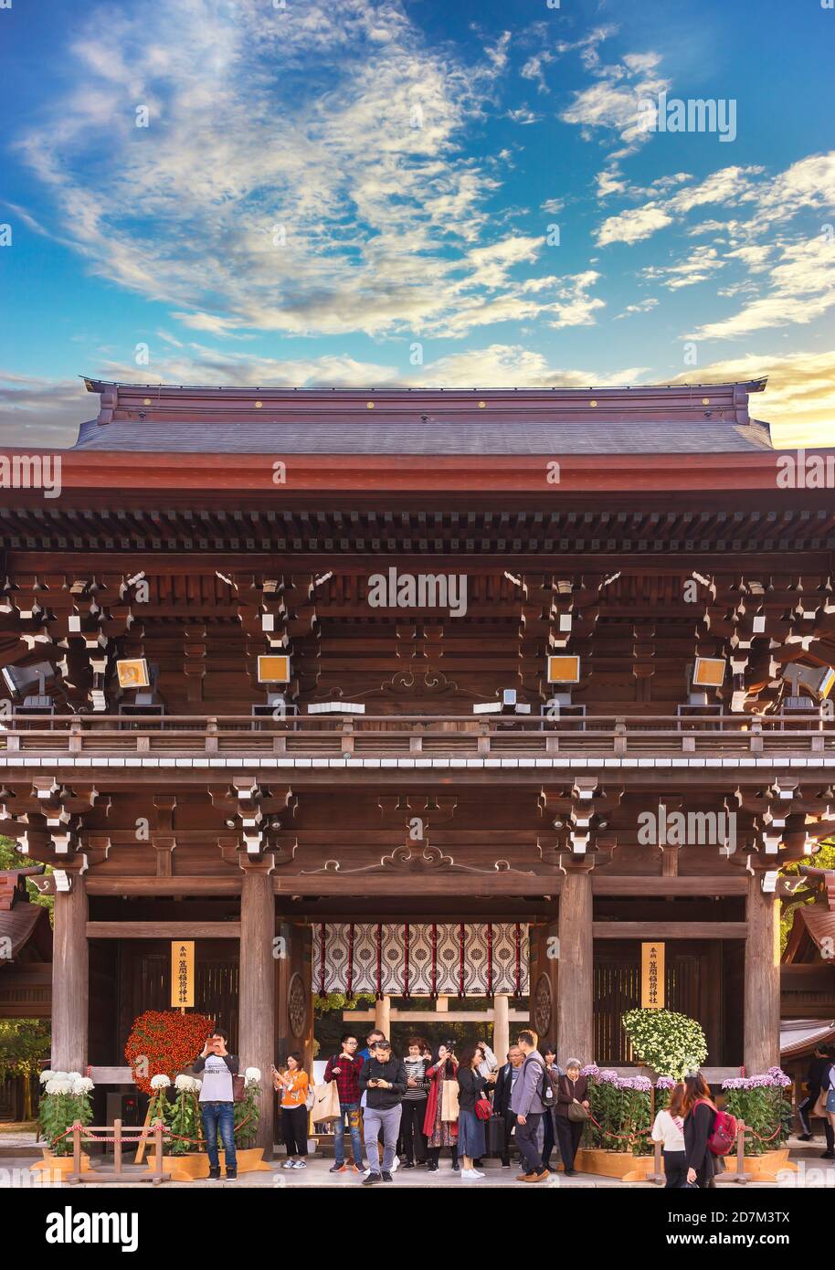 shibuya, japan - november 02 2019: Crowd of tourists enjoying the Chrysanthemum flowers in front of the two-storied gate rōmon named minami-shinmon in Stock Photo