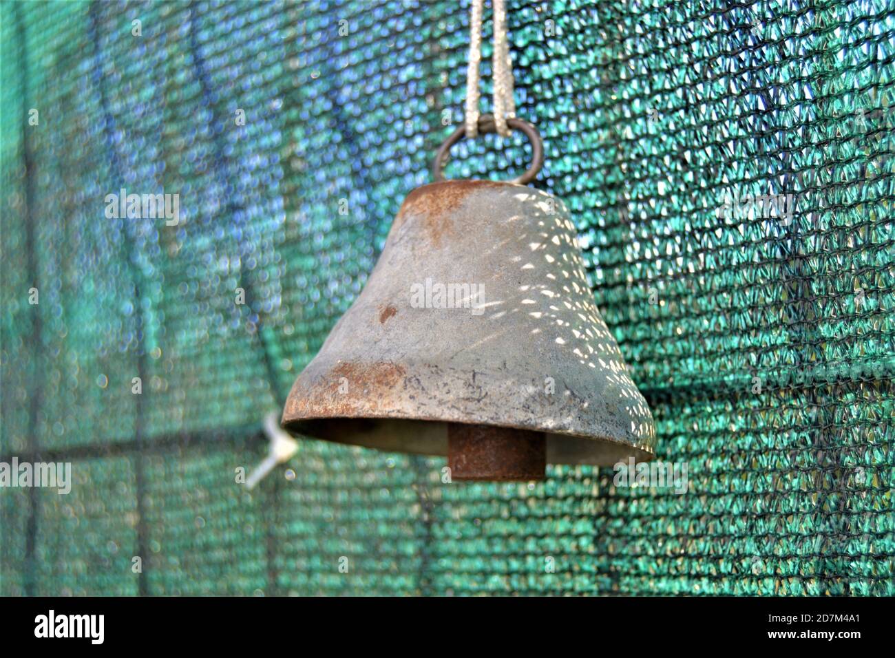Vintage door bell hanging on the door. Vintage doorbell stays in green