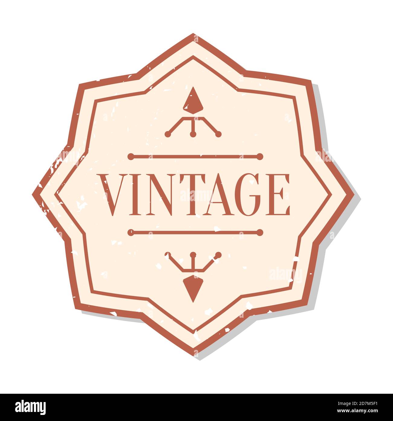 Closeup flat vintage colored label with grunge decorative element. Package sticker frame text template. Retro shape border banner, menu design. Single vintage badge isolated vector illustration Stock Vector