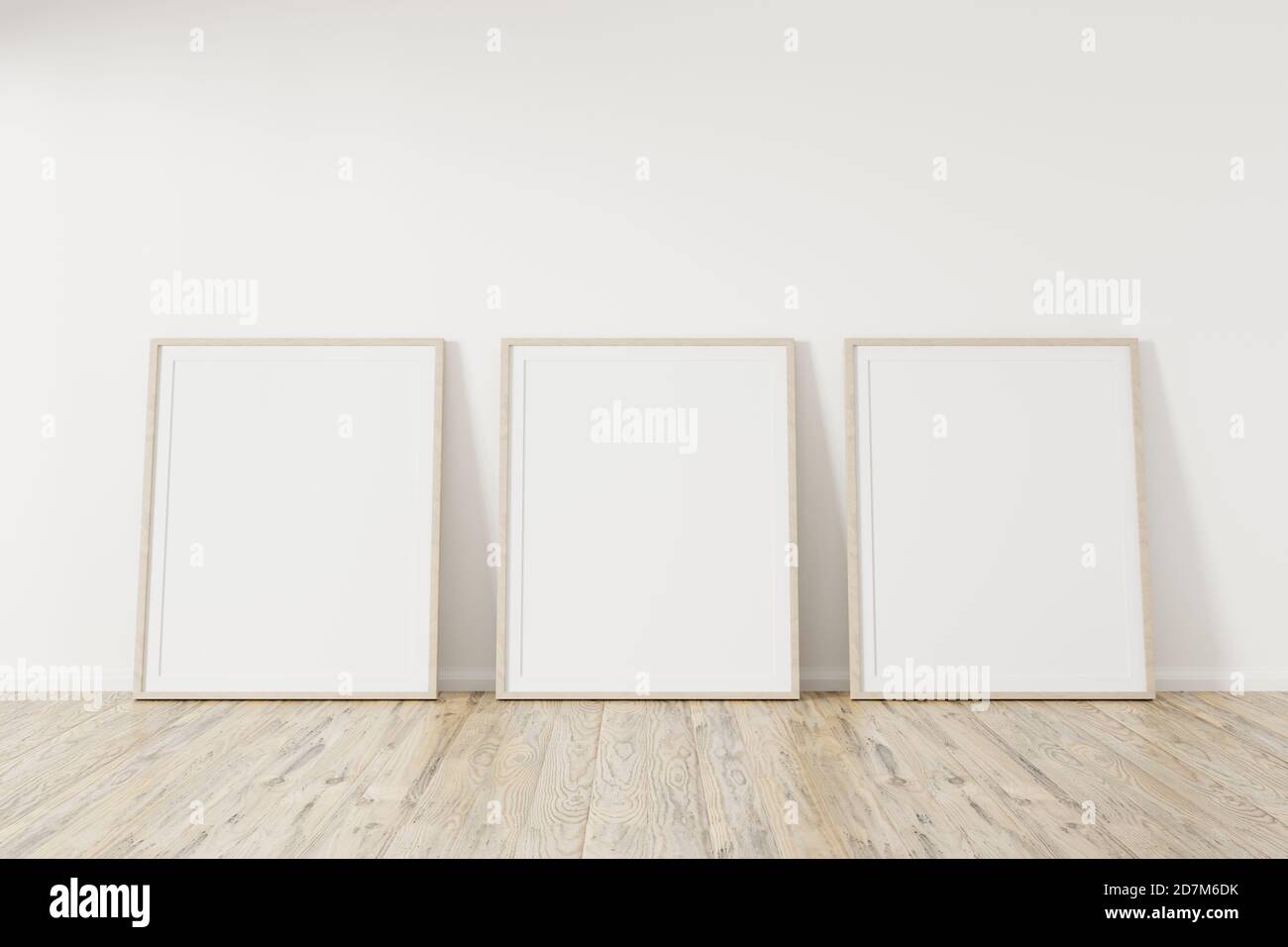 Horizontall wood frame mock up. Wooden frame poster on wooden floor with white wall. Landscape frame 3d illustrations. Stock Photo