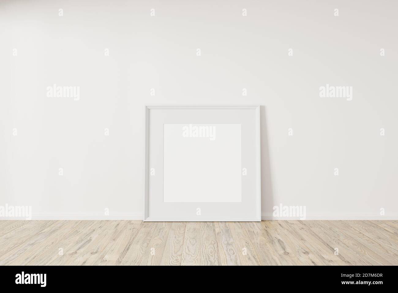 Horizontall wood frame mock up. Wooden frame poster on wooden floor with white wall. Landscape frame 3d illustrations. Stock Photo