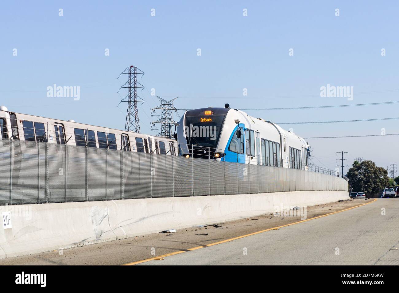 Oct 4, 2020 Pittsburg / CA / USA - BART Diesel train travelling in East San Francisco bay area;  BART to Antioch is a diesel multiple unit (DMU) line Stock Photo