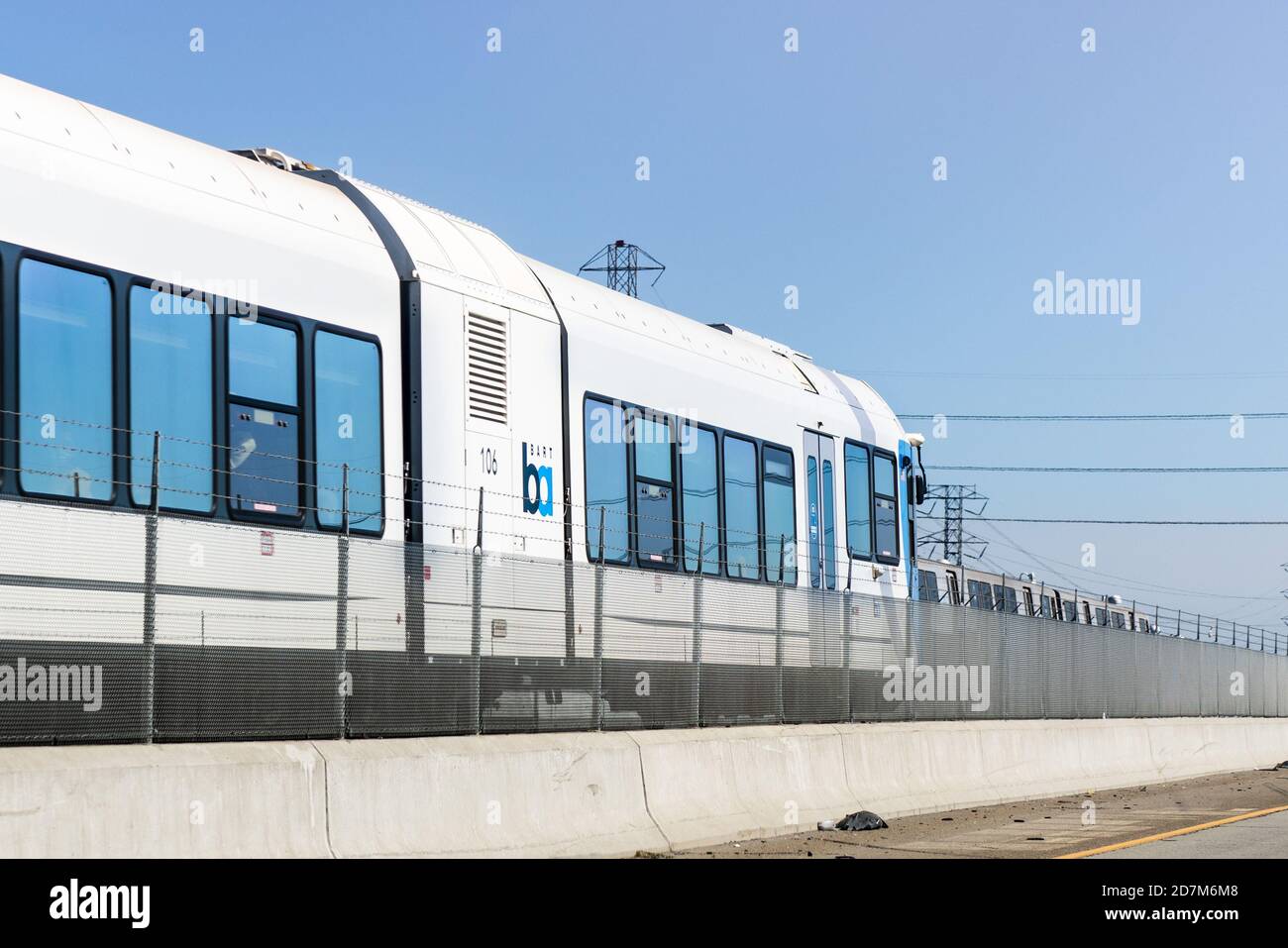 Oct 4, 2020 Pittsburg / CA / USA - BART Diesel train travelling in East San Francisco bay area;  BART to Antioch is a diesel multiple unit (DMU) line Stock Photo