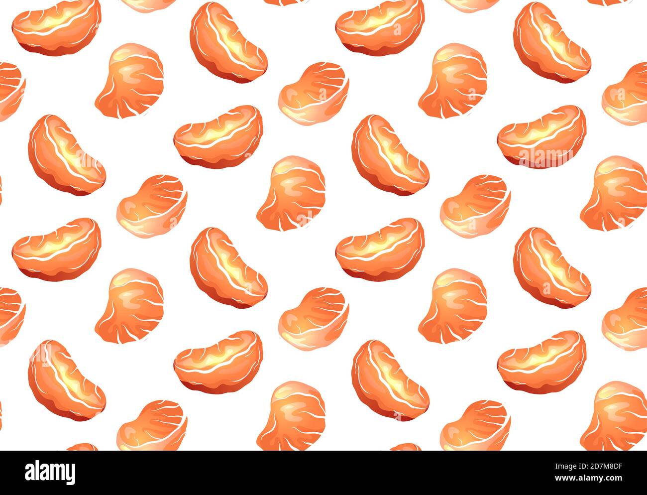 Seamless texture with cartoon orange slice of tangerines on white background. Vector food pattern for fabrics, backgrounds and your design. Stock Vector