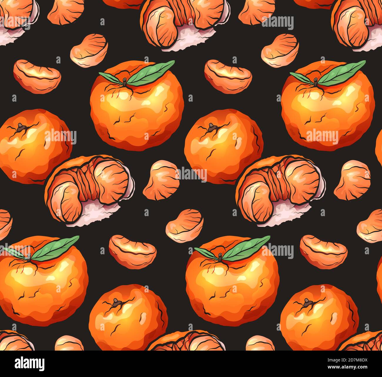 Seamless texture with cartoon orange tangerines with slices on a dark background. Vector pattern for fabrics, backgrounds and your design. Stock Vector