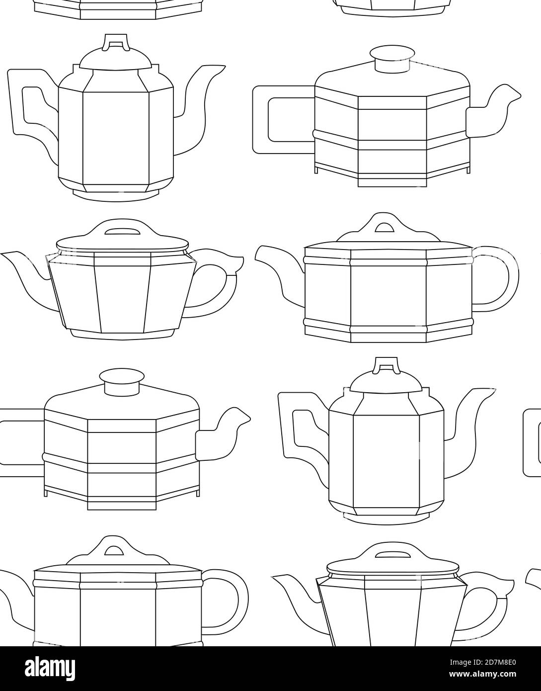 Seamless black and white pattern with contour clay teapots in row. Chinese tea ceremony. Linear drawing of kettles. Vector texture for wallpapers, bac Stock Vector