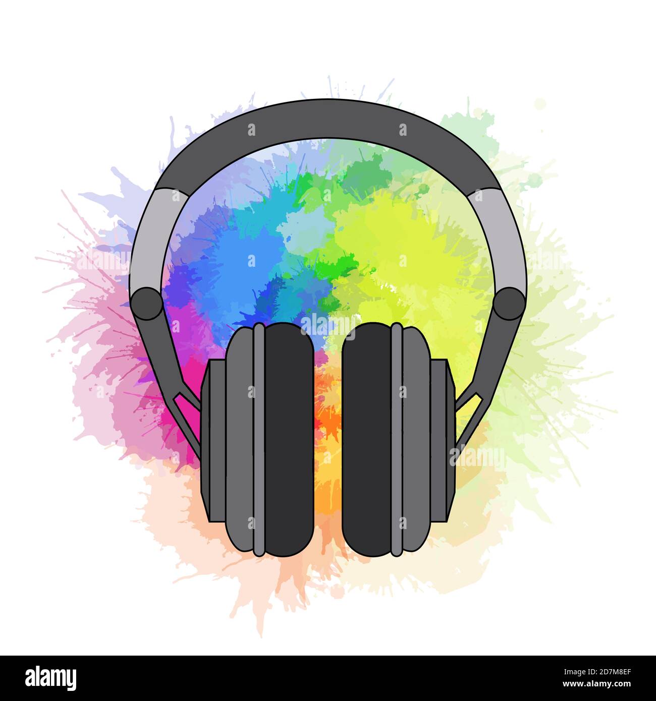 Contour illustration of wireless headphones on a rainbow watercolor