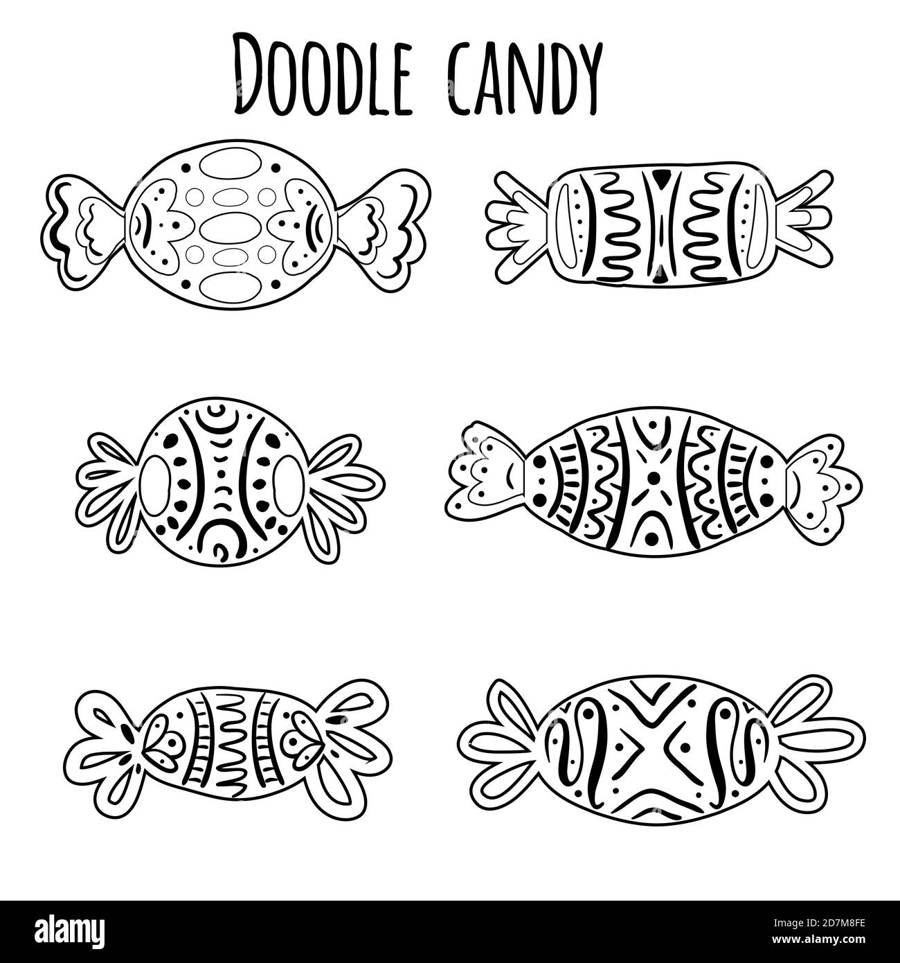 Set of contour drawing of sweets with patterns. Linear doodle illustration. Halloween holiday treat. Vector object for recipes, cards, articles and yo Stock Vector