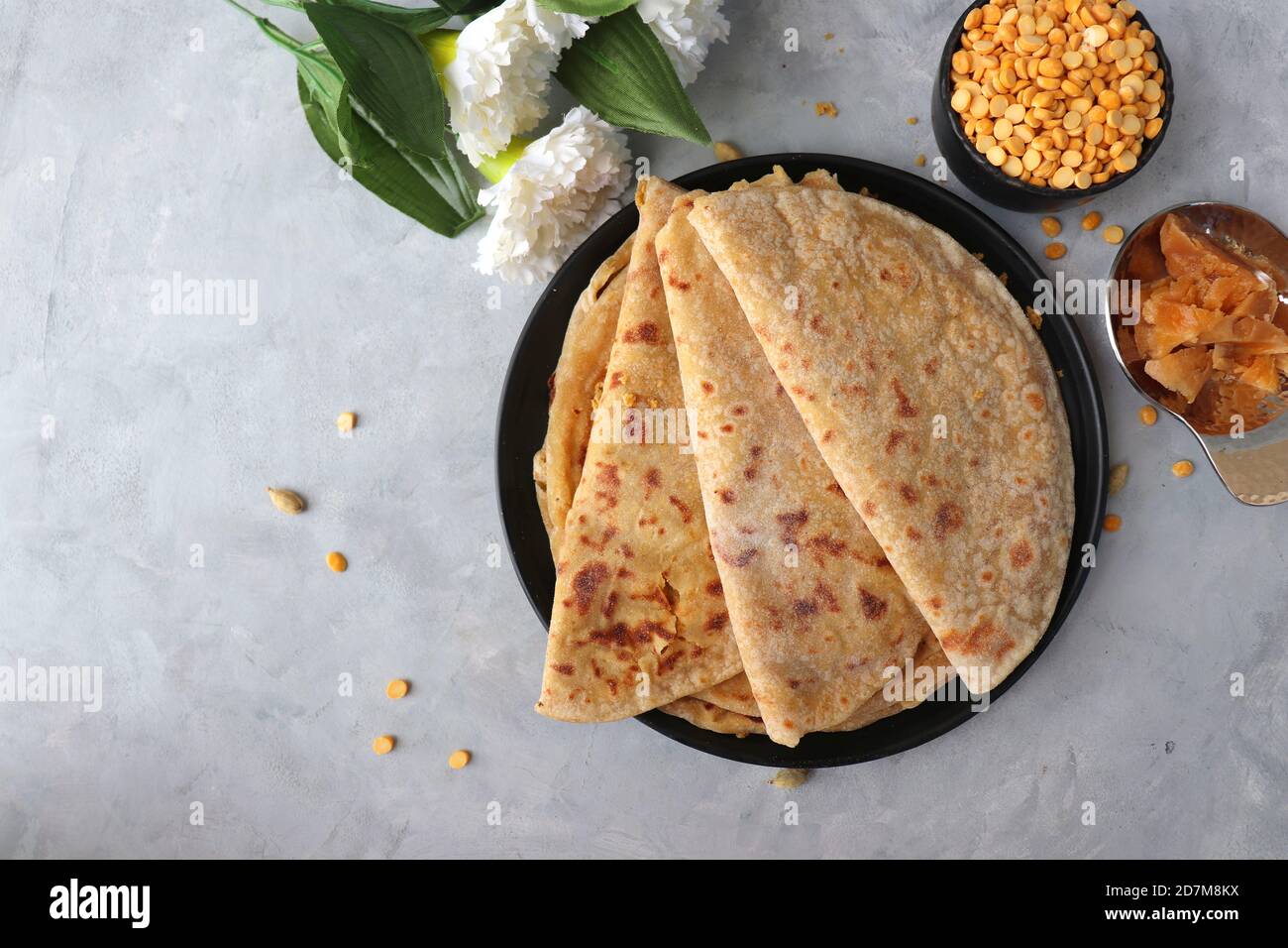 Holi Festival Food Puran Poli is an Indian sweet flatbread stuffed