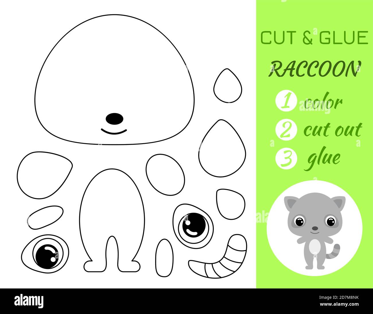Coloring book cut and glue baby raccoon. Educational paper game for