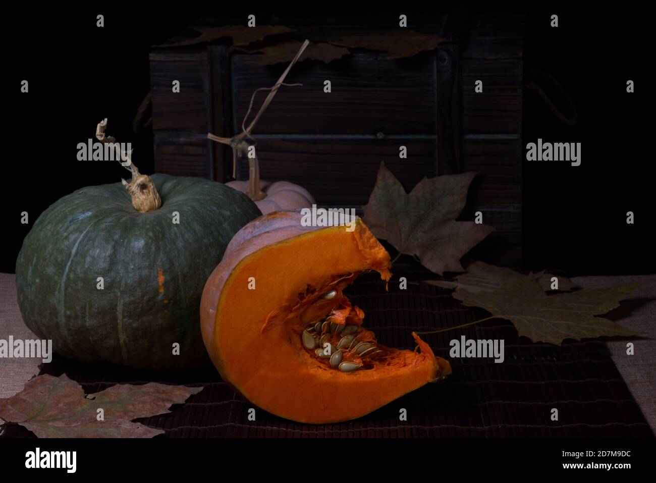Gift chest with pumpkins, in autumn time Stock Photo