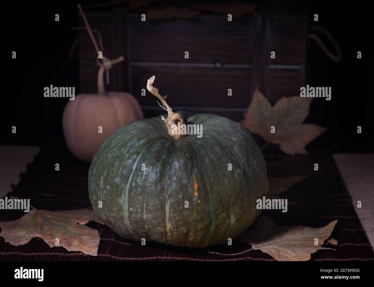 Gift chest with pumpkins, in autumn time Stock Photo
