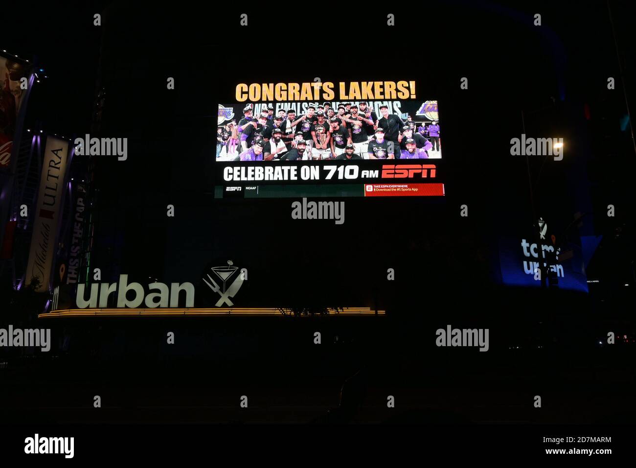 Los Angeles, United States. 13th Oct, 2020. An ESPN 710 radio sign to  recognize the Los Angeles Lakers victory over the Miami Heat in the NBA  Finals at LA Live, Tuesday, Oct.