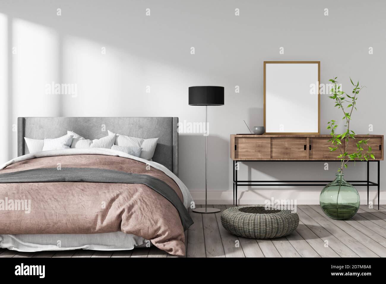 Download Frame Mockup In Interior Cozy Bedroom With Empty Poster Frame Stock Photo Alamy
