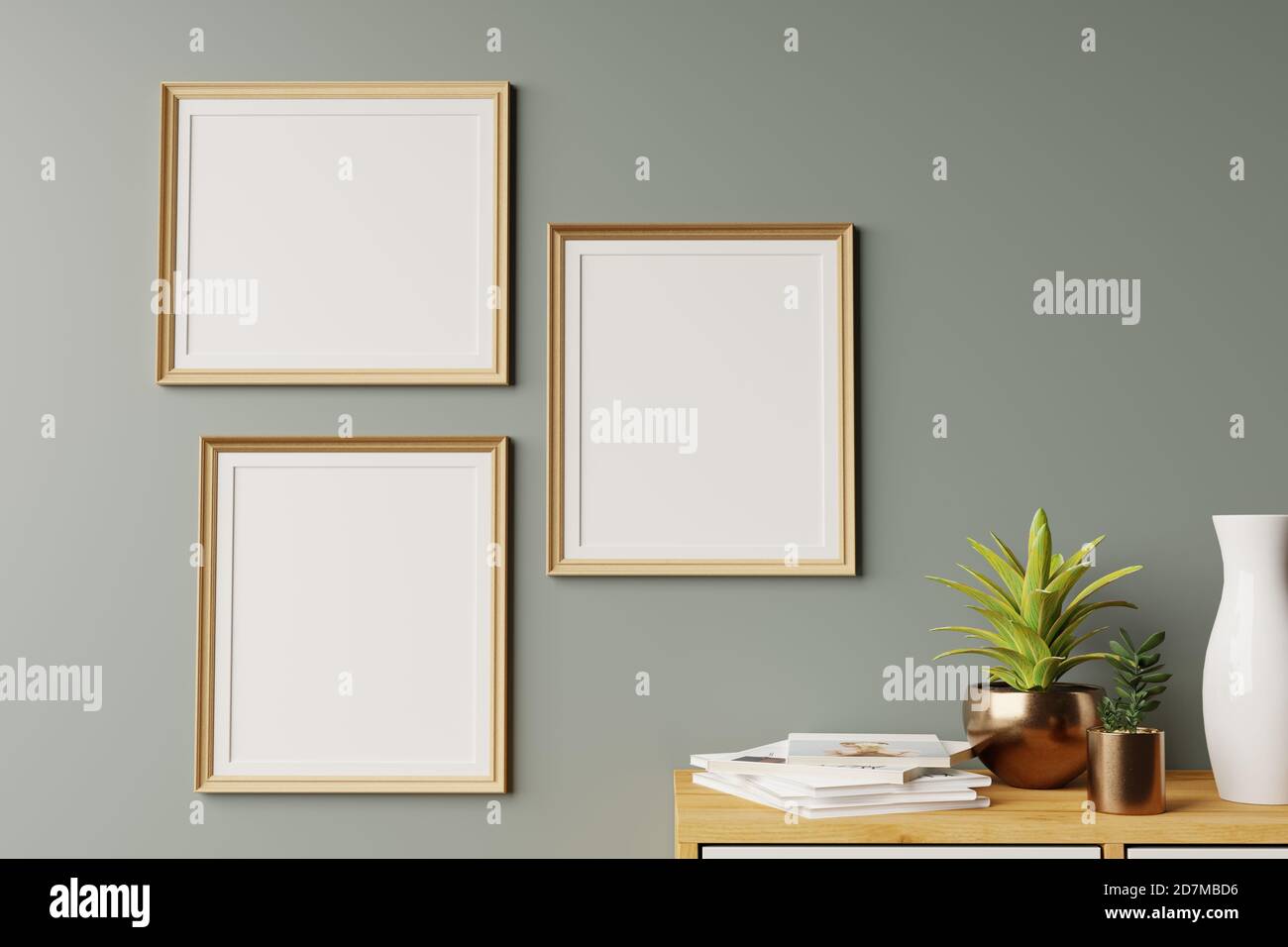 Home interior poster mock up with vertical wood frame with ornamental plants in pots on empty wall background. Stock Photo