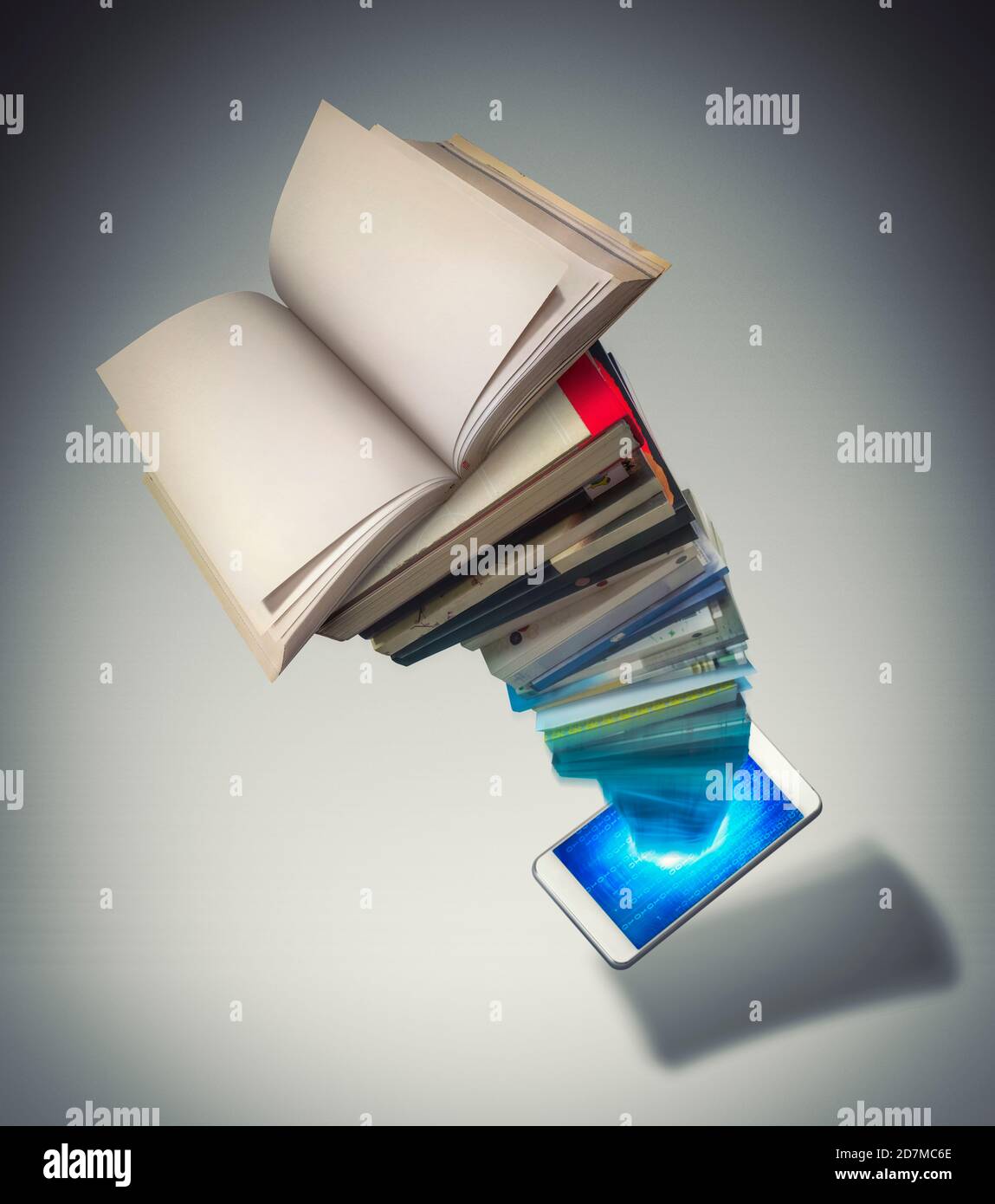 Stack of colored books and mobile phone, Mobile library in smartphone concept, Listening to e-books in audio format. Stock Photo