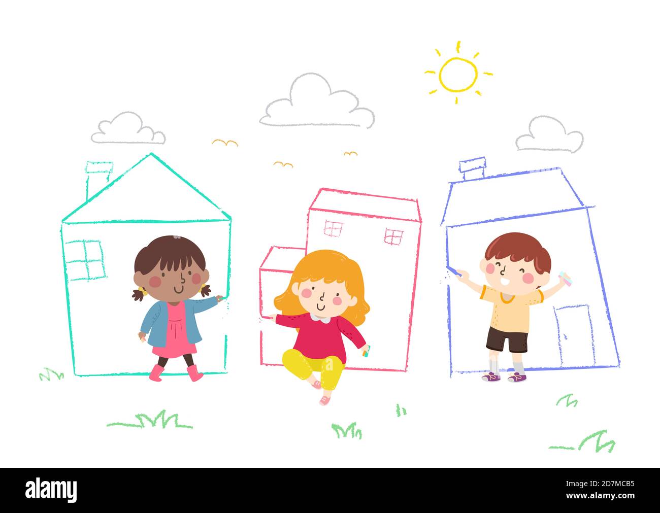 Illustration of Kids Holding Chalks and Drawing their Houses in the  Neighborhood Stock Photo - Alamy