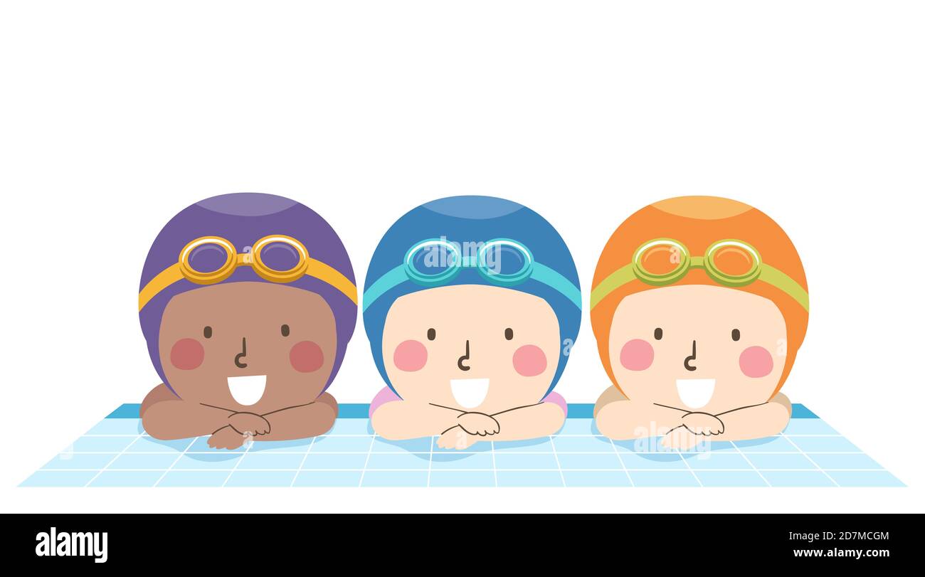 Illustration of Kids Swimmers Wearing Swimming Cap and Goggles Smiling from the Side of a Pool Stock Photo