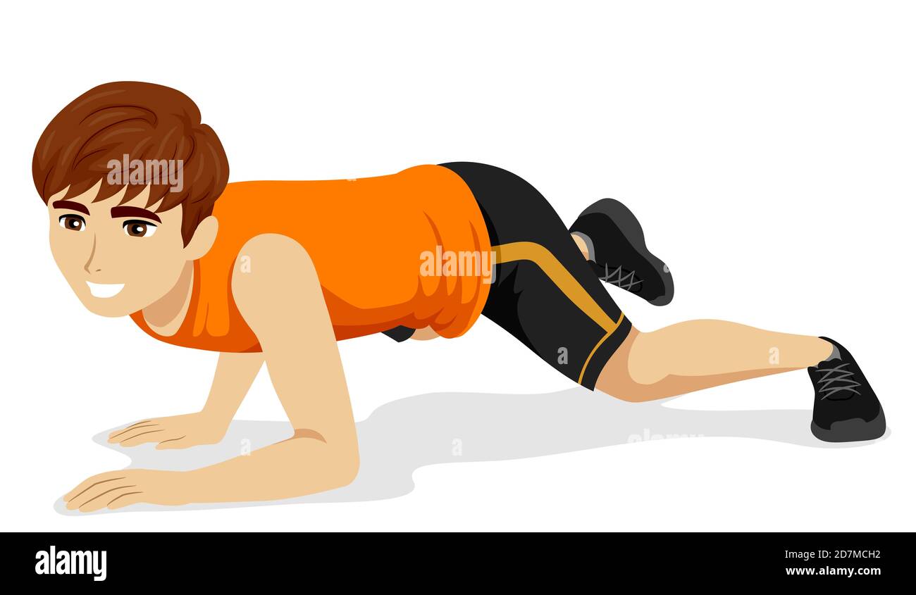 Illustration of a Teenage Guy Doing the Crouching Tiger Animal Exercise Stock Photo