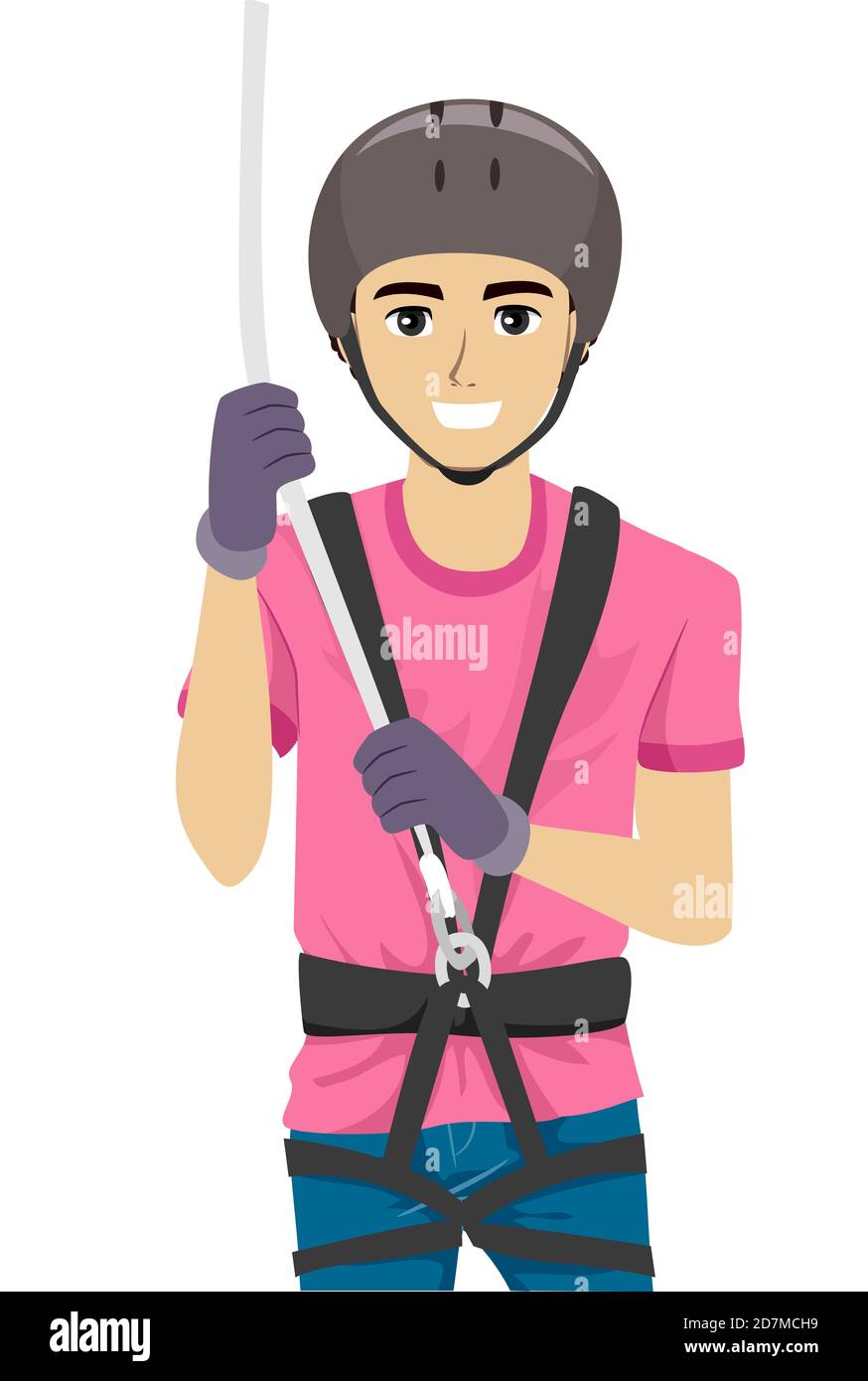 Illustration of a Teenage Guy Wearing Harness and Helmet and Holding a Rope Stock Photo