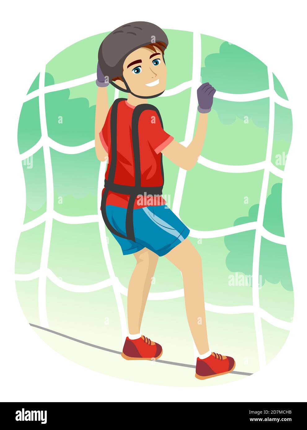 Illustration of a Teenage Guy Wearing Helmet and Safety Harness Traversing a Net in an Adventure Park Stock Photo