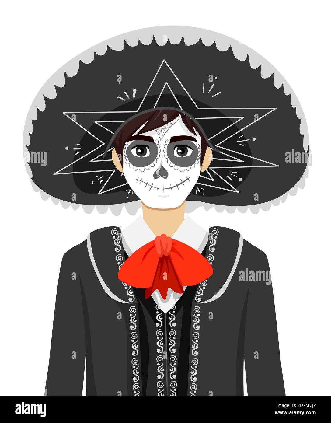 Illustration of a Teenage Guy Wearing Sugar Skull Costume with Black Suit, Red Ribbon and Mexican Hat Stock Photo
