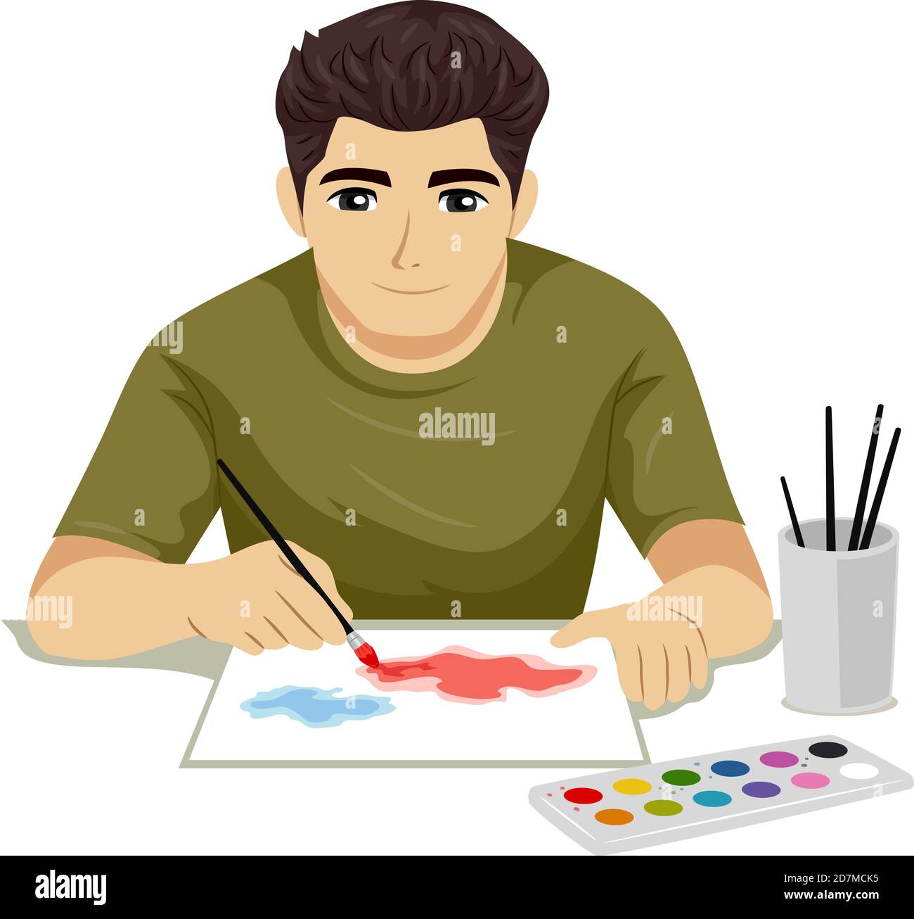 Illustration of a Teenage Guy Holding Brush Making Watercolor Painting Stock Photo