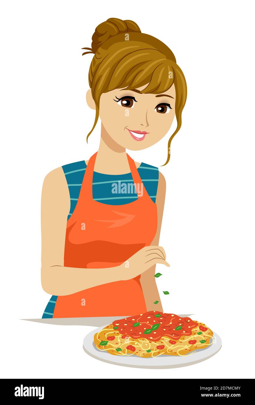 Illustration of a Teenage Girl Wearing Apron and Sprinkling Basil on Tomato Pasta Spaghetti Stock Photo