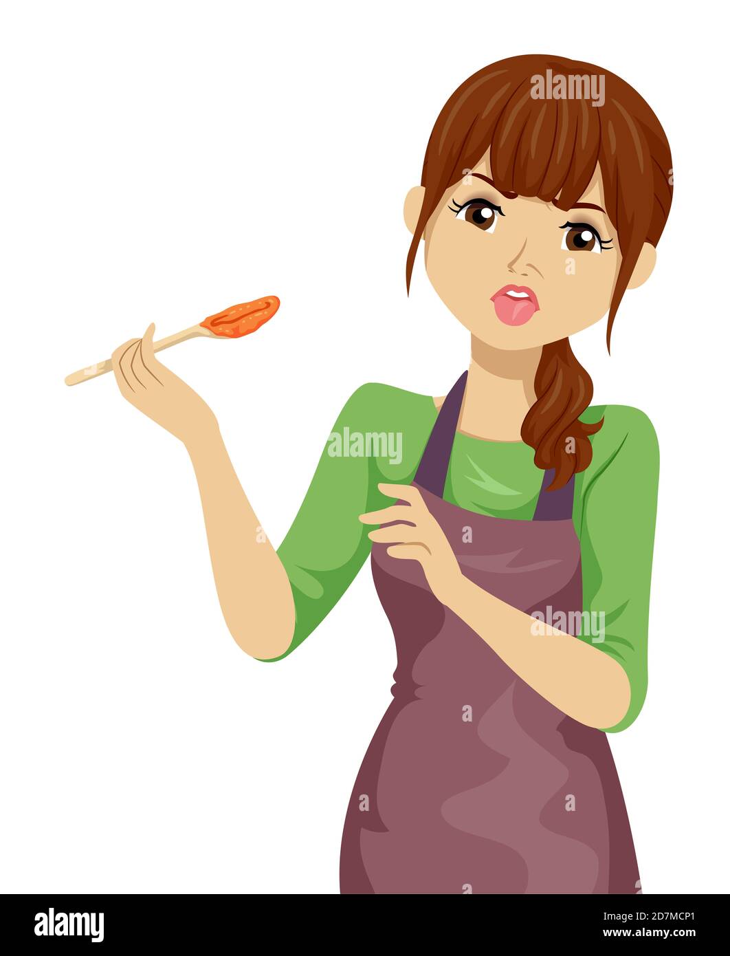 Illustration of a Teenage Girl Wearing Apron, Cooking and Tasting Something She Cooked Stock Photo
