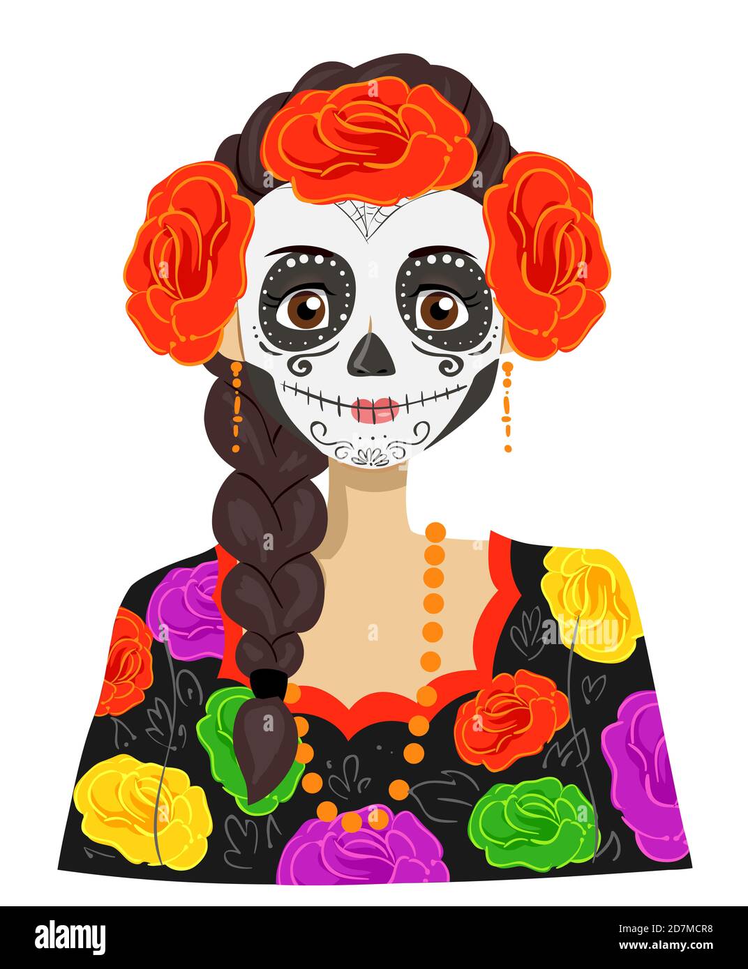 Illustration of a Teenage Girl Wearing Sugar Skull Costume with Big Marigold Flowers Stock Photo