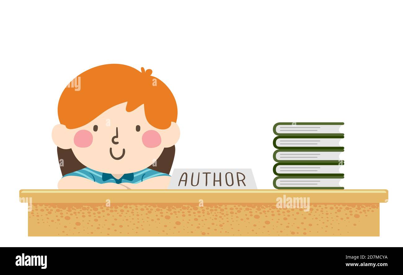 Illustration of a Kid Boy Author Smiling for Book Signing with a Stack of His Books on Table Stock Photo