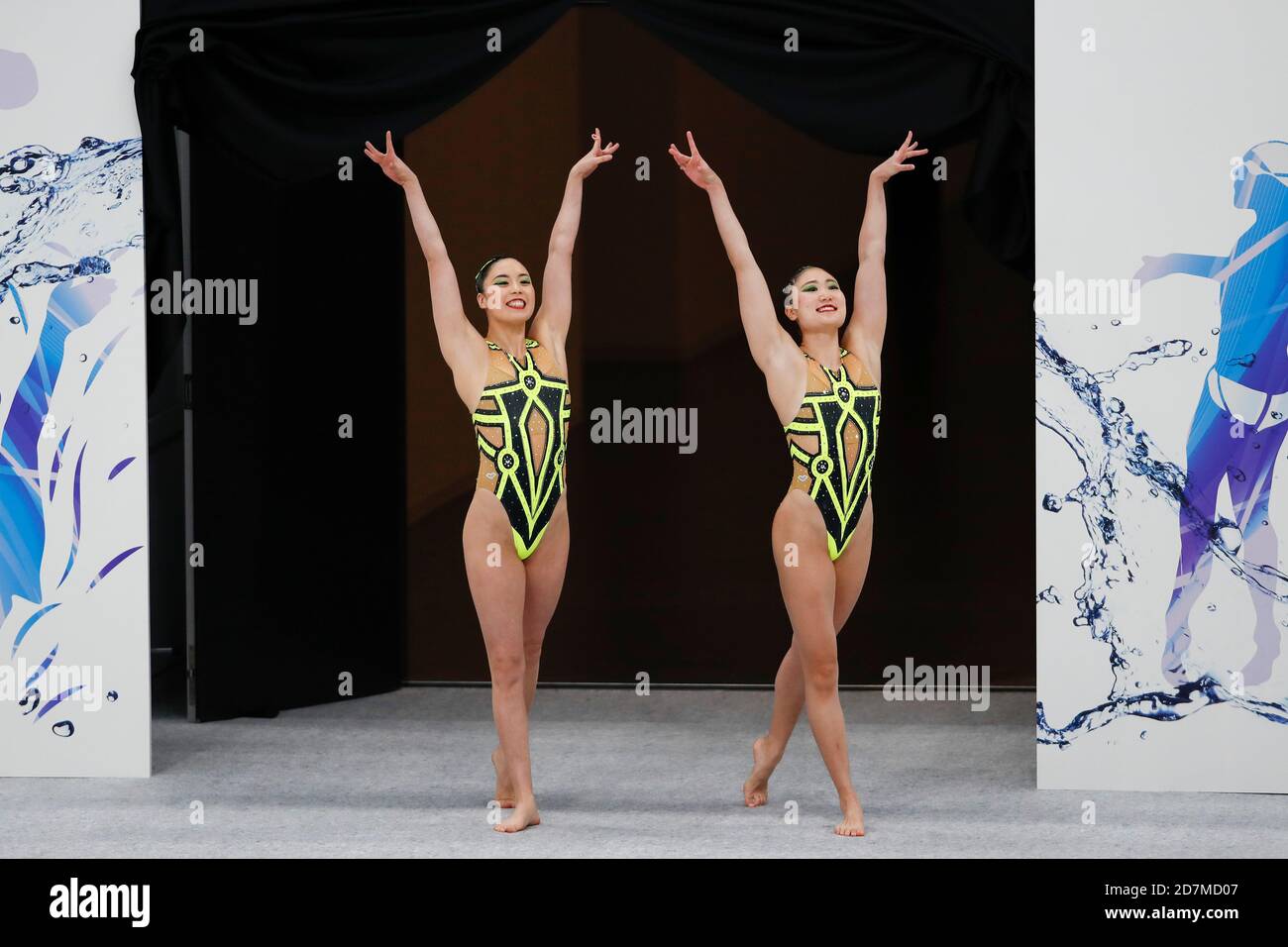 Tokyo, Japan. 24th Oct, 2020. Japanese artistic swimmers Inui Yukiko and Megumi Yoshida perform during the grand opening ceremony for the Tokyo Aquatics Centre. The venue will host Tokyo 2020 Olympic and Paralympic Games' swimming, diving and artistic swimming competitions next summer. Credit: Rodrigo Reyes Marin/ZUMA Wire/Alamy Live News Stock Photo