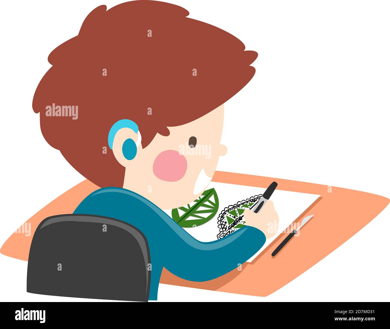 Illustration of a Deaf Kid Boy Wearing Hearing Aid and Carving Leaves