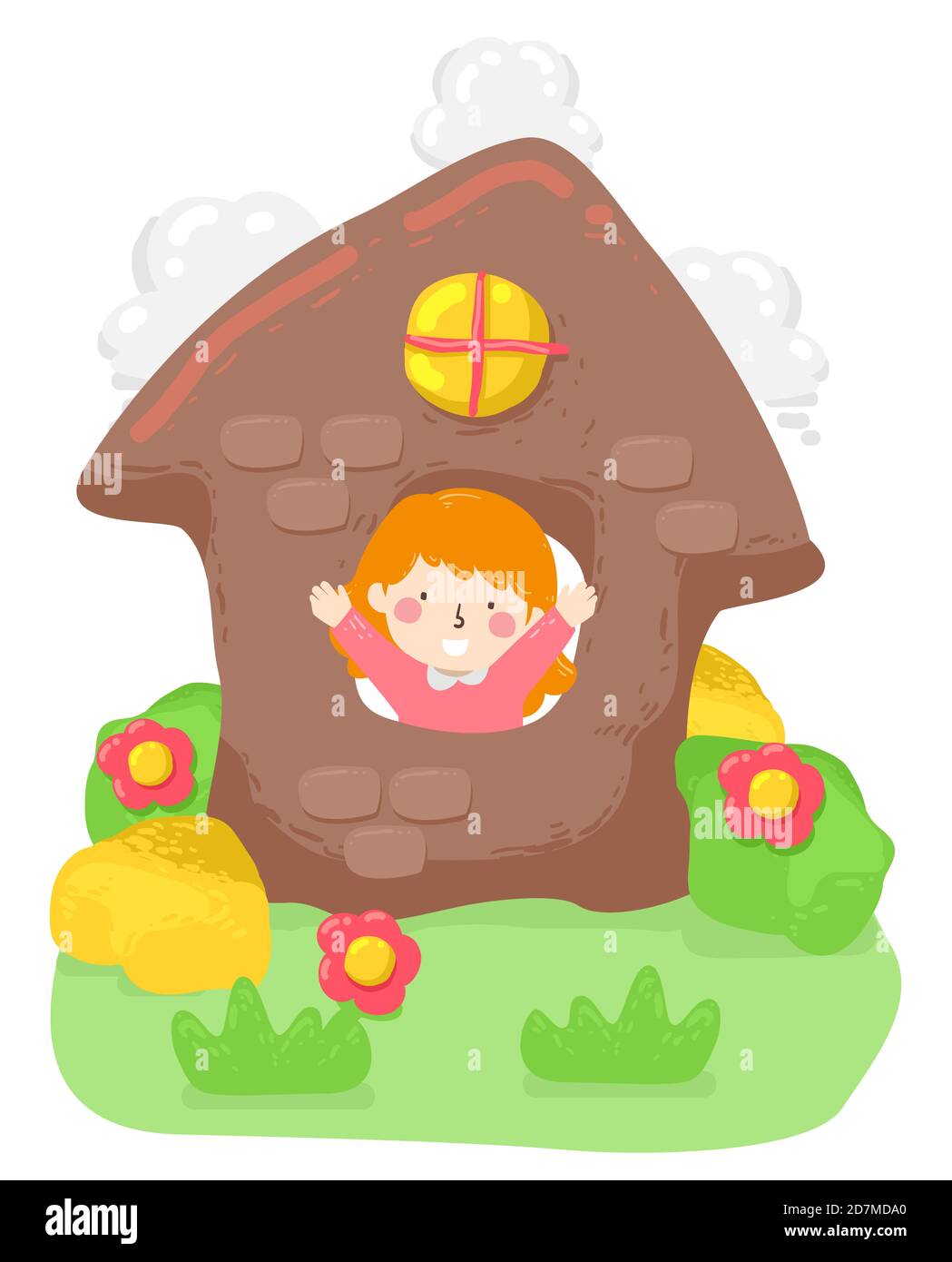 Illustration of a Kid Girl Waving from Inside a Clay House Window Stock Photo