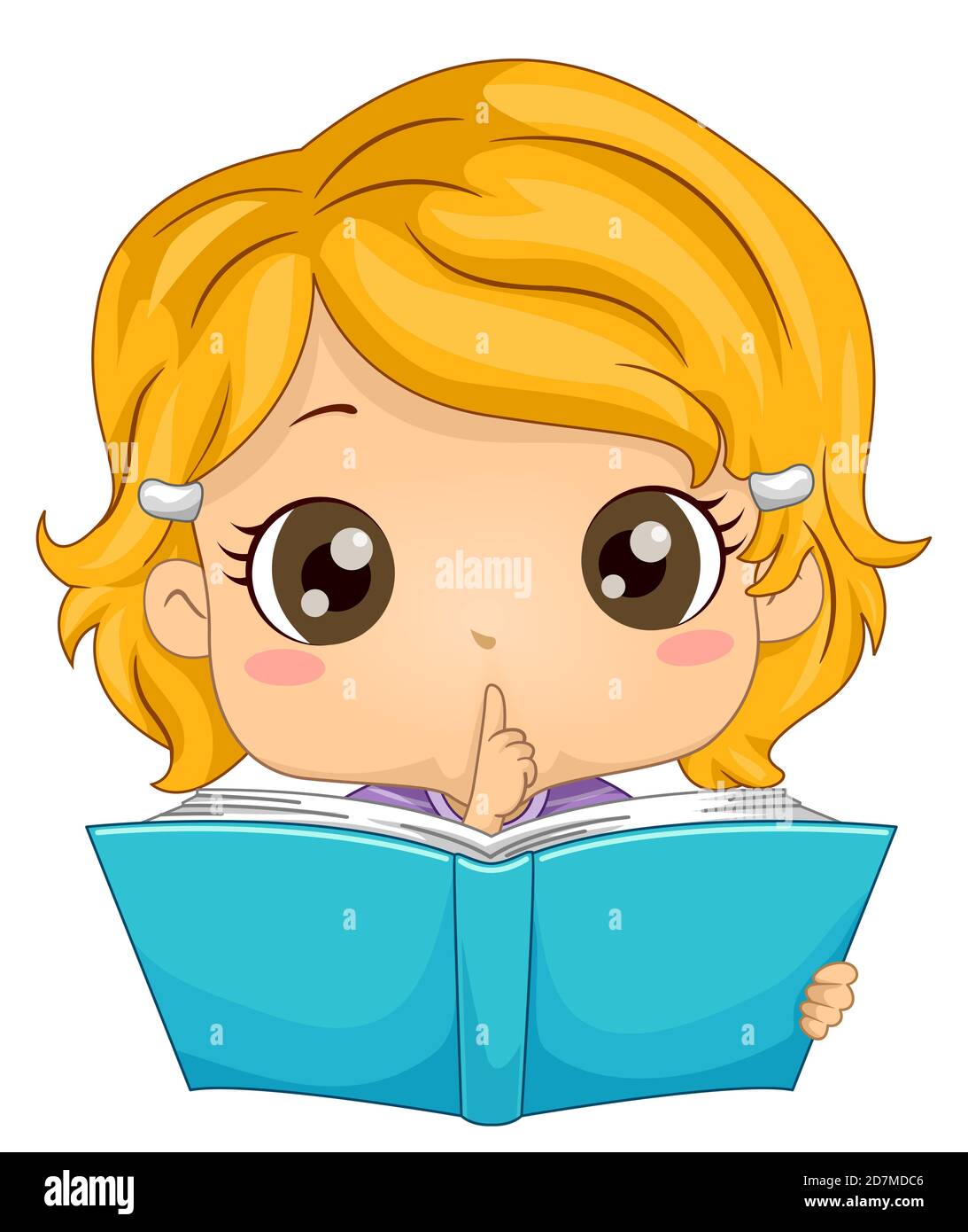 Illustration of a Kid Girl Gesturing Silence and Reading a Book Stock Photo