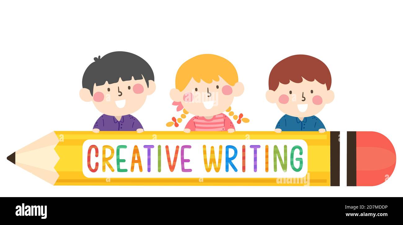 Illustration of Kids with a Big Pencil Border for Creative Writing Stock Photo