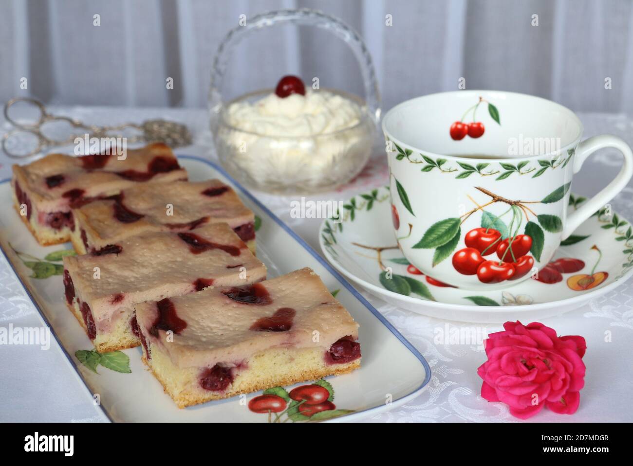 cherry cheese cake and whipped cream Stock Photo