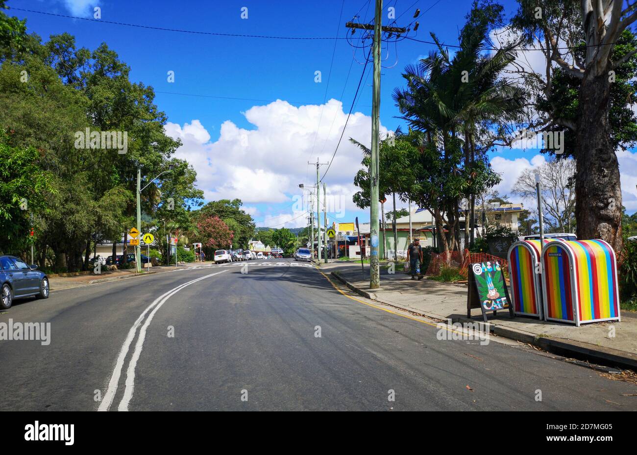 Main Street through Nimbin - is known the world over as Australia's most famous hippie destination and alternative lifestyle capital. Stock Photo