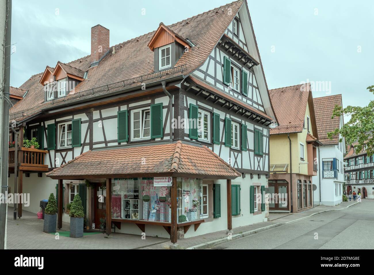 OBERKIRCH, GERMANY - September 06 2020: cityscape with wattle  picturesque old house at pedestrian precinct in historical little town, shot on septemb Stock Photo