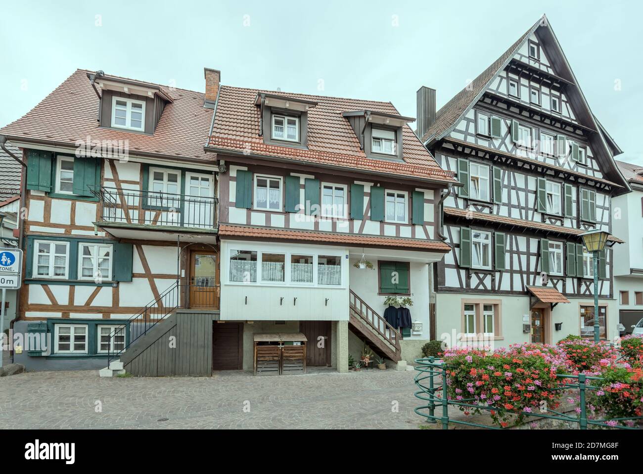 OBERKIRCH, GERMANY - September 06 2020: cityscape with picturesque old wattle houses at pedestrian precinct in historical little town, shot on septemb Stock Photo
