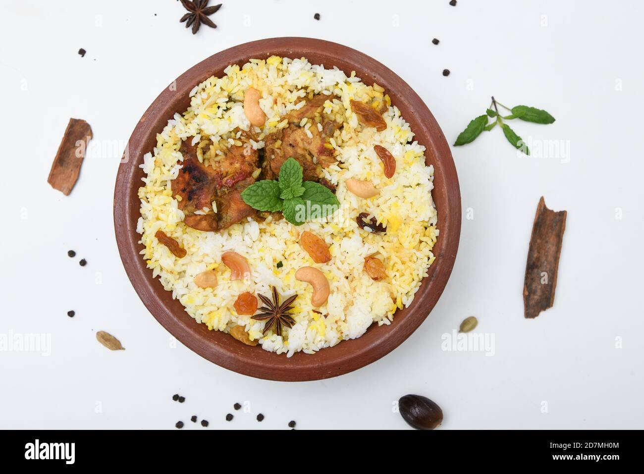 Chicken biryani biriyani with basmati rice. Indian rice food . fish