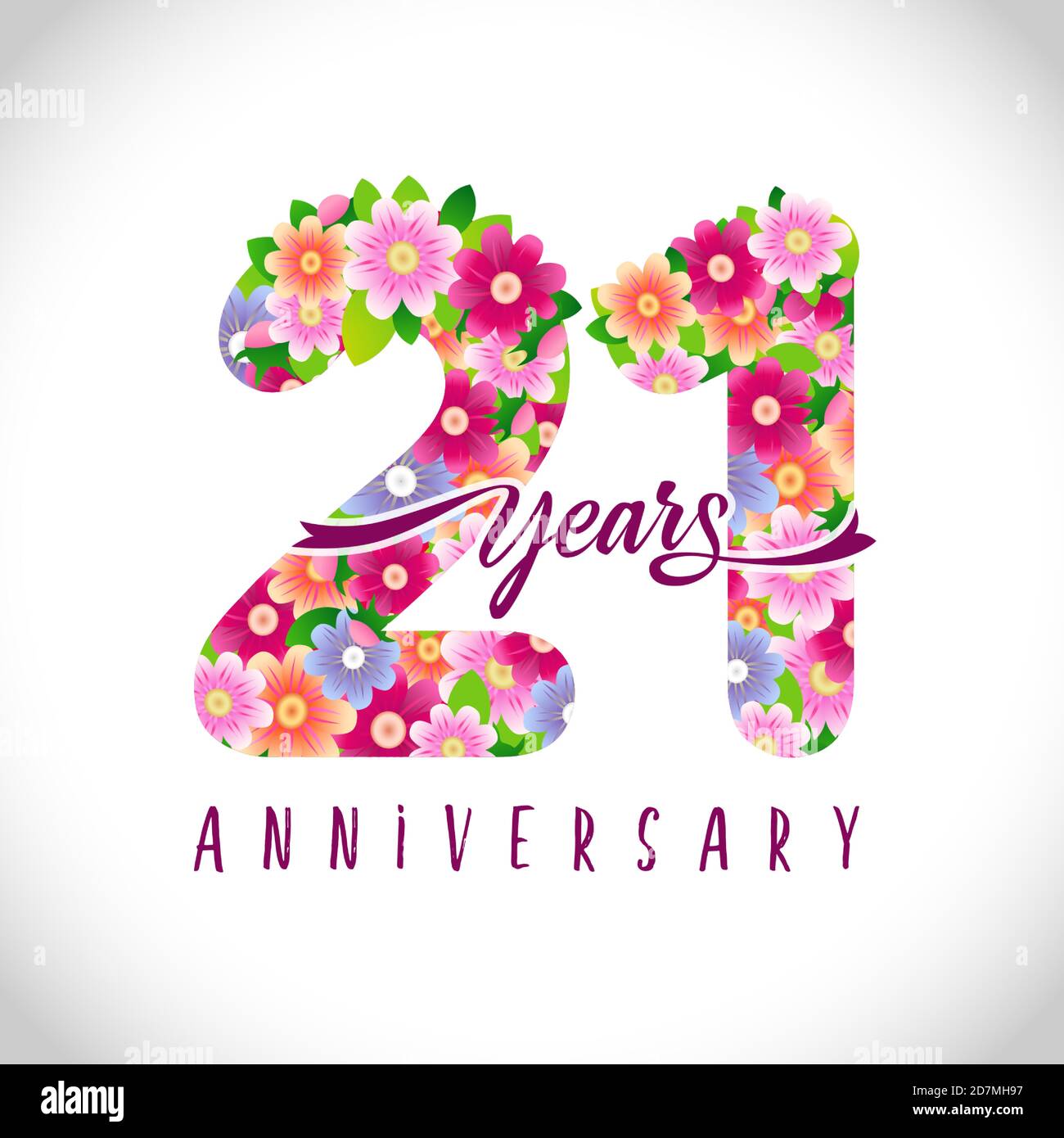 21st anniversary numbers. 21 years old logotype. Floral pink congrats. Isolated abstract graphic design template. Cute creative sign, age digits. Stock Vector