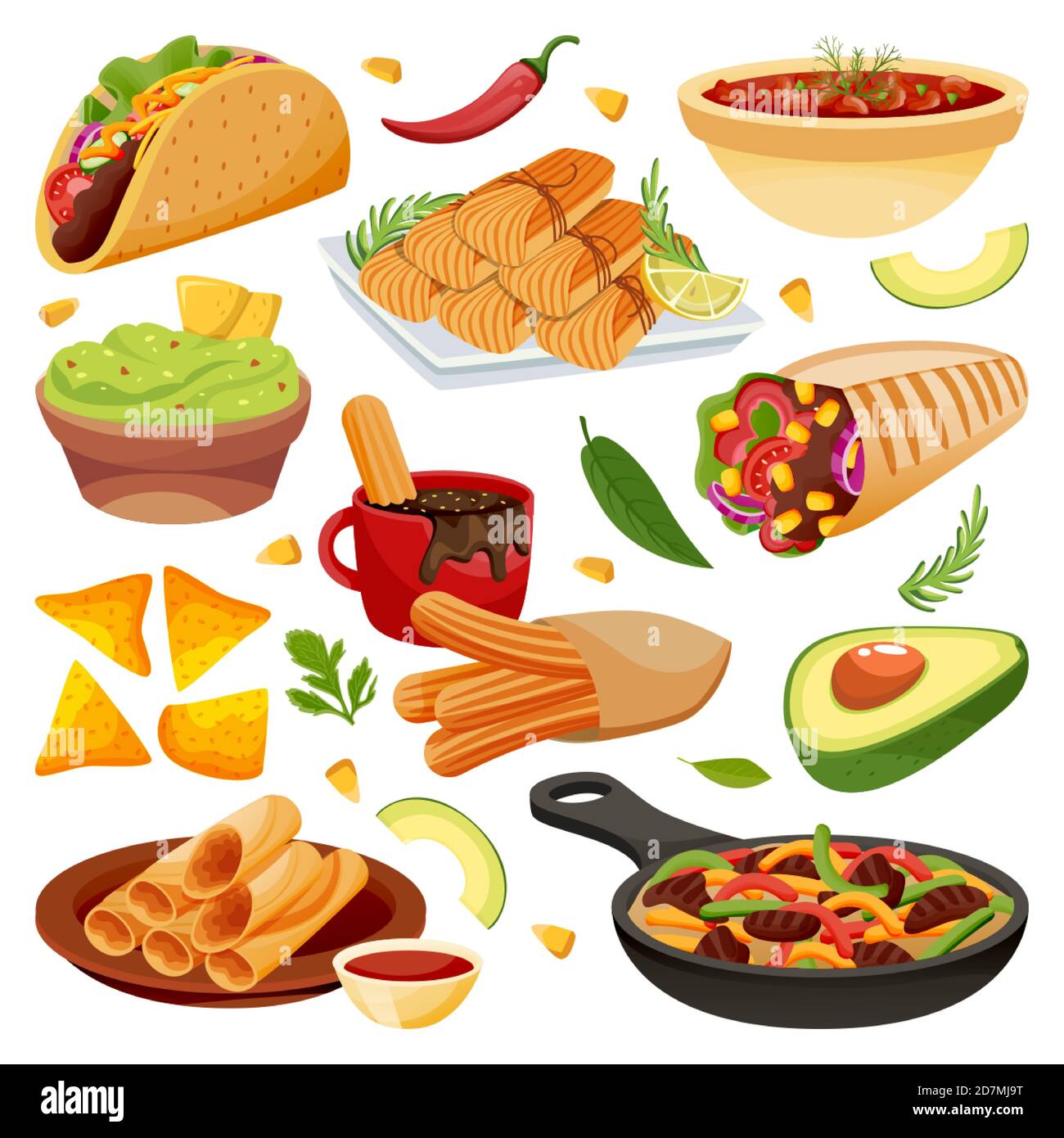 Mexican traditional holiday food dishes. Vector flat cartoon illustration. Set of isolated mexico cuisine meal. South America restaurant or cafe menu Stock Vector