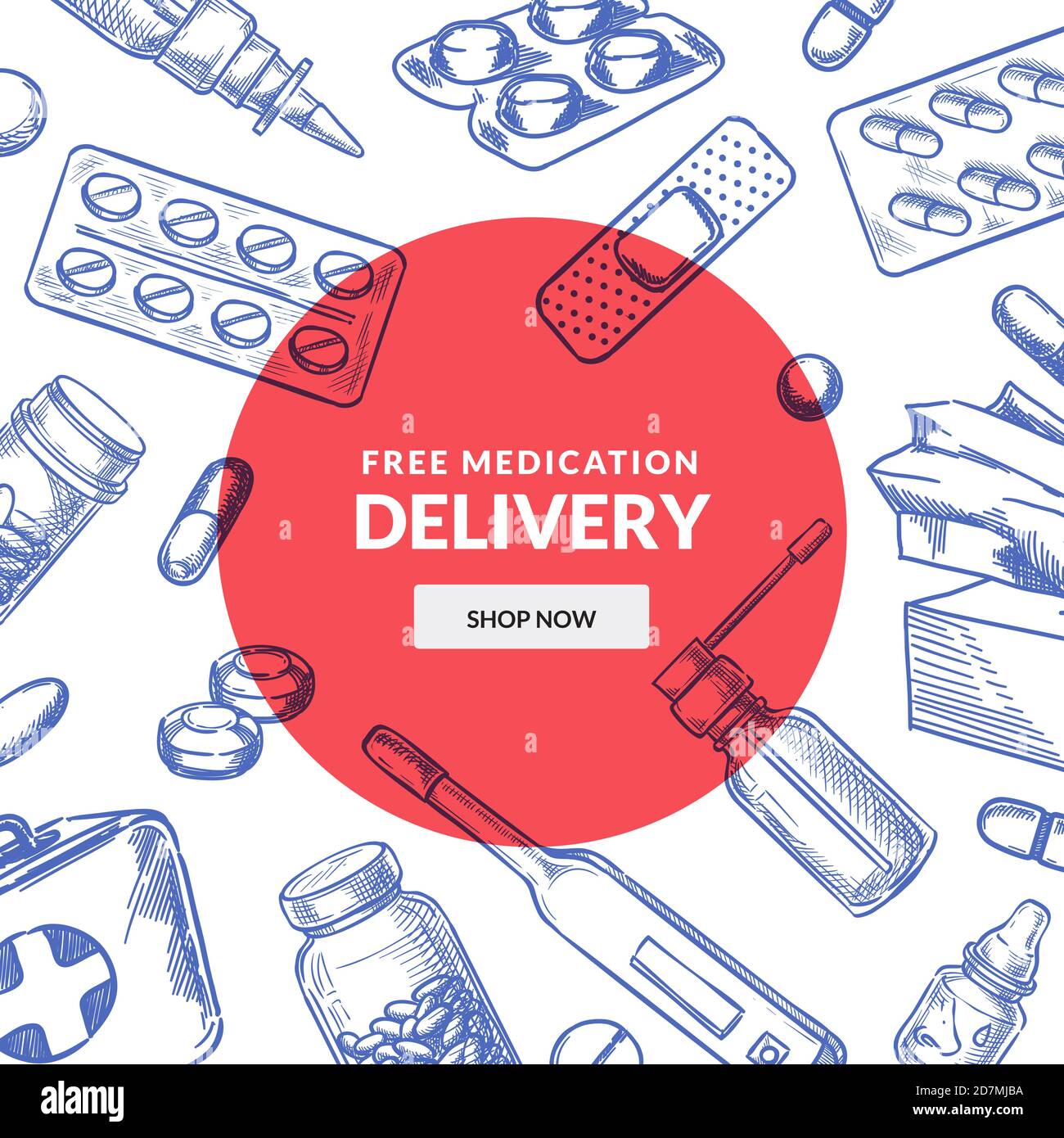 Medicine and pharmacy abstract background. Drugstore poster or banner design template with pills, drugs, medical bottles. Vector hand drawn sketch ill Stock Vector