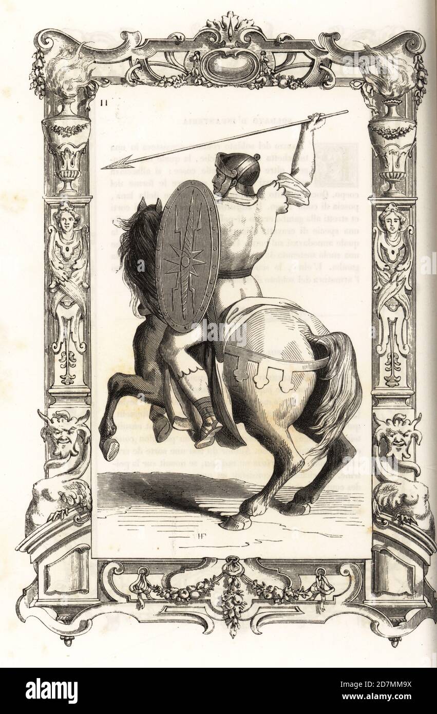 Costume of an ancient Roman light cavalryman. He wears a leather helmet, tunic, carries a shield and dart, or throwing arrow. Within a decorative frame engraved by H. Catenacci and Fellmann. Woodblock engraving by Gerard Seguin and E.F. Huyot after a woodcut by Christoph Krieger from Cesare Vecellio’s 16th century Costumes anciens et modernes, Habiti antichi et moderni di tutto il mondo, Firman Didot Ferris Fils, Paris, 1859-1860. Stock Photo