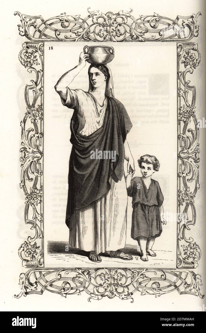 Costume of an ancient Roman plebeian woman. She wears a tunic and cloak, carries a bowl on her head. Her child wears a colobium tunic. Within a decorative frame engraved by H. Catenacci and Fellmann. Woodblock engraving by Gerard Seguin and E.F. Huyot after a woodcut by Christoph Krieger from Cesare Vecellio’s 16th century Costumes anciens et modernes, Habiti antichi et moderni di tutto il mondo, Firman Didot Ferris Fils, Paris, 1859-1860. Stock Photo