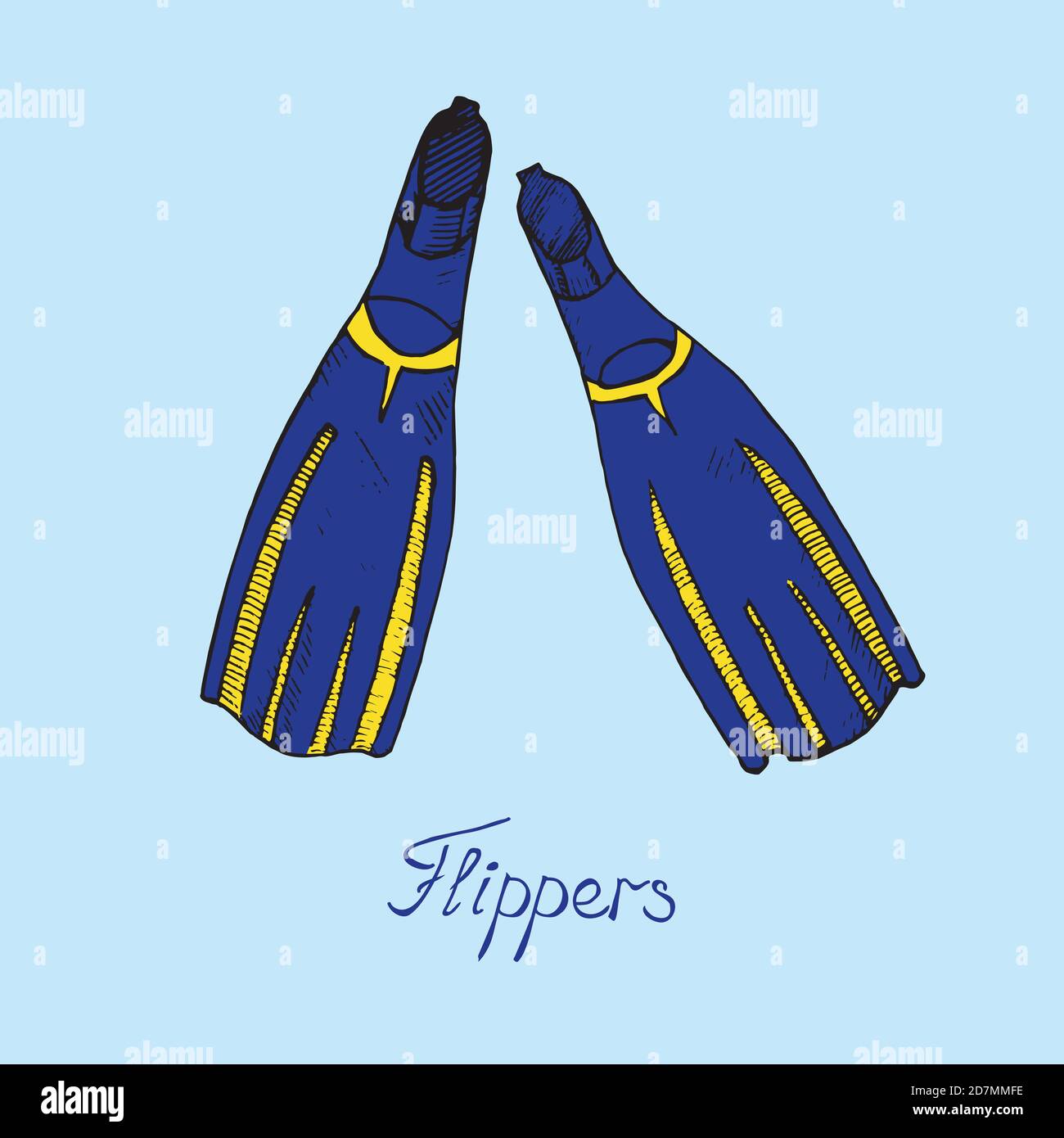 Pair of blue and yellow flippers, hand drawn doodle sketch with ...