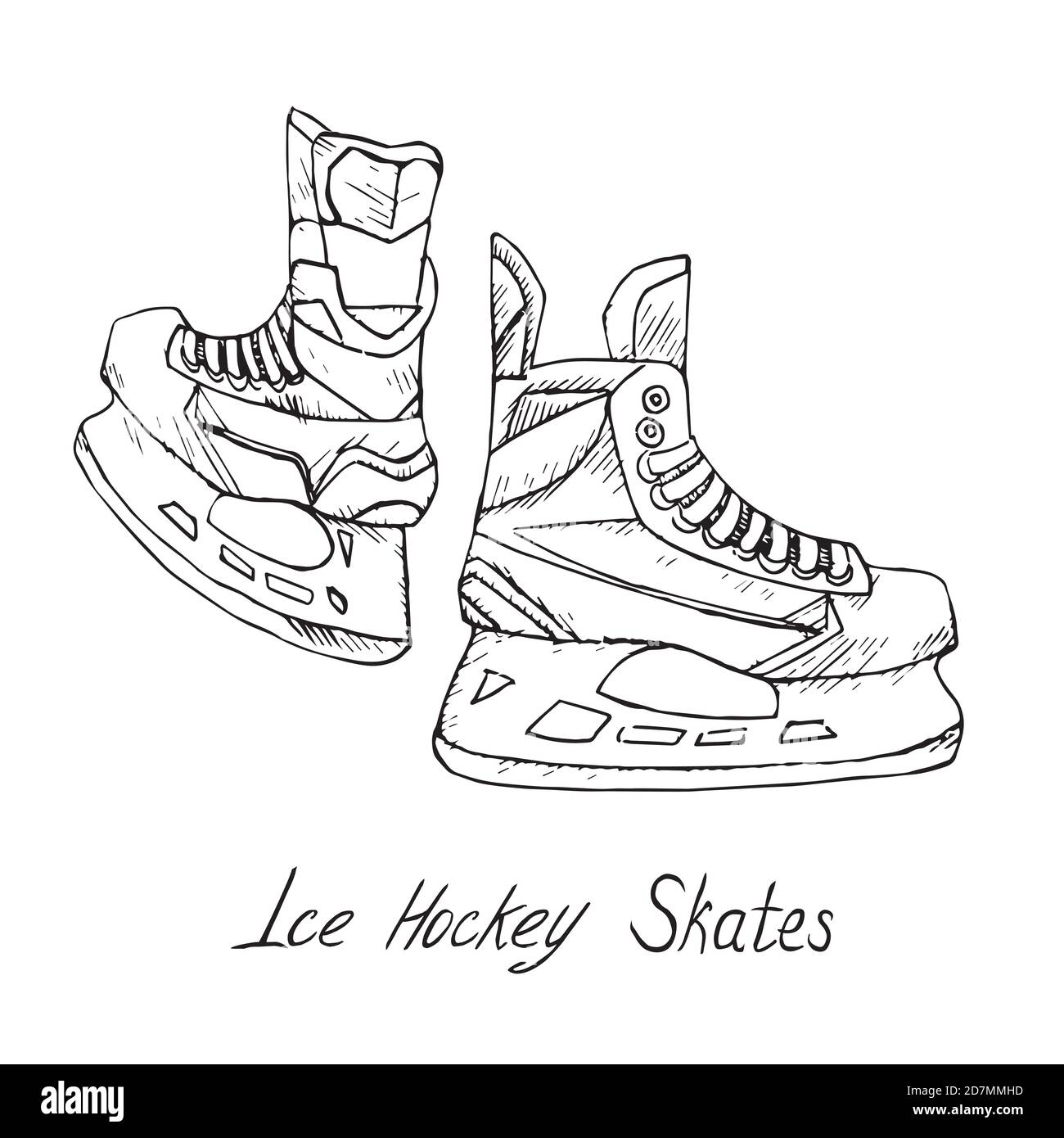 Ice hockey skates, hand drawn doodle sketch with inscription, isolated